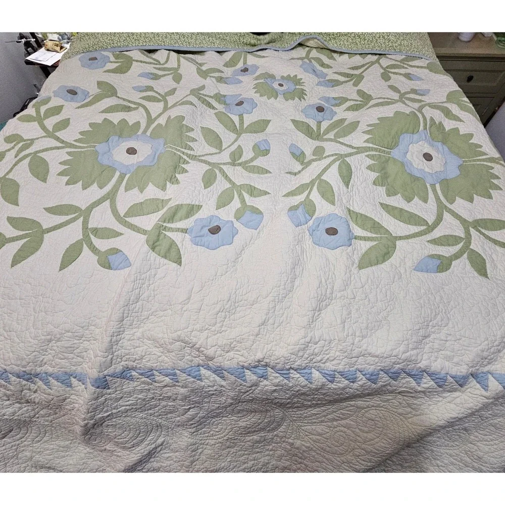 Martha Stewart Collection King Quilt Floral Applique Blue Green Cotton Farmhouse